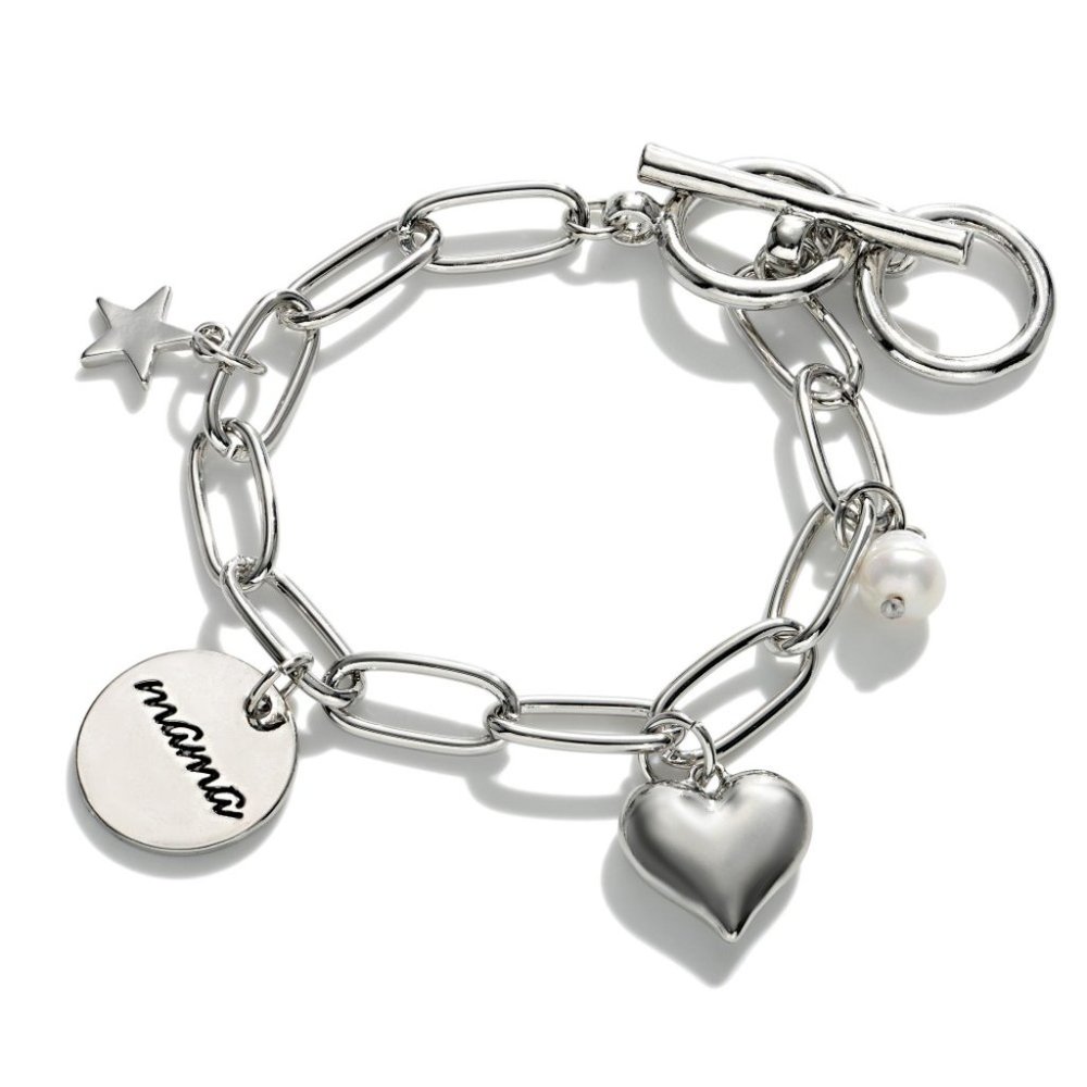 Chain Link Bracelet Featuring Heart, Star, Pearl, and 'Mama' Charms Silver